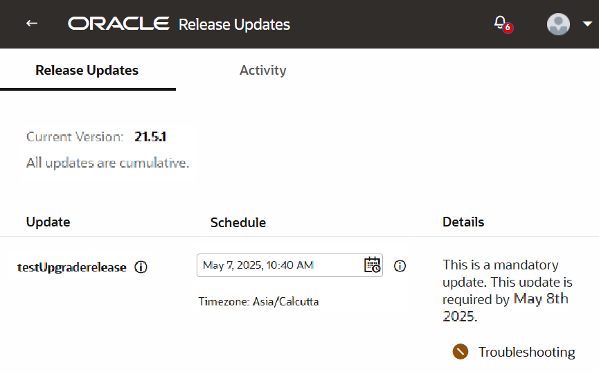 Troubleshooting icon on the Release Updates page Troubleshooting icon on the Release Updates page