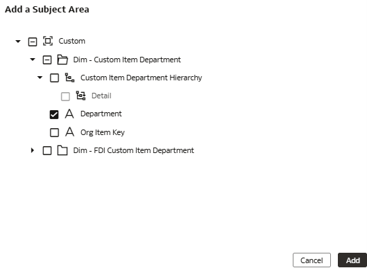 The Add Subject Area dialog displaying the attributes that you can select