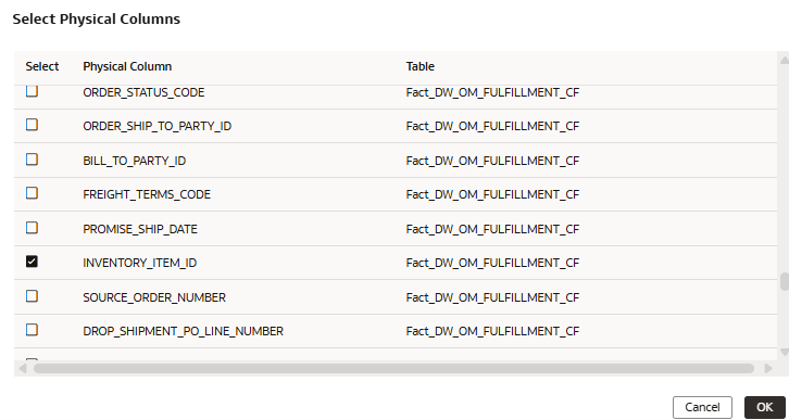 The Select Physical Columns page