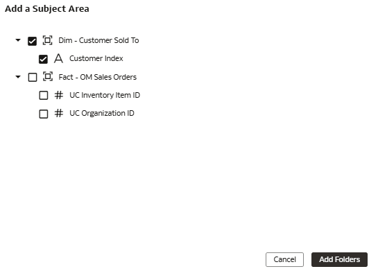 The Add a Subject Area dialog displaying the new custom derived column, Customer Index The Add a Subject Area dialog displaying the new custom derived column, Customer Index