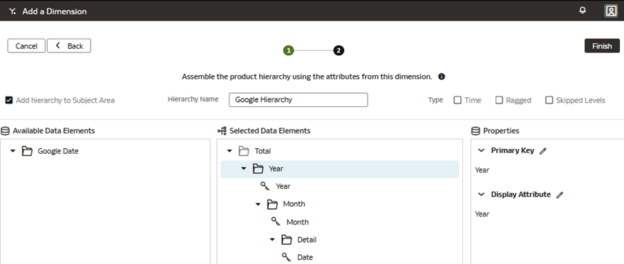 Step 2 of the wizard on the Add a Dimension page displaying how to set the primary key and display attribute at the Year level Step 2 of the wizard on the Add a Dimension page displaying how to set the primary key and display attribute at the Year level