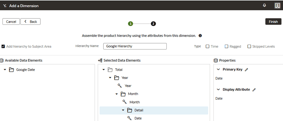 Step 2 of the wizard on the Add a Dimension page displaying how to set the primary key and display attribute at the Detail level Step 2 of the wizard on the Add a Dimension page displaying how to set the primary key and display attribute at the Detail level