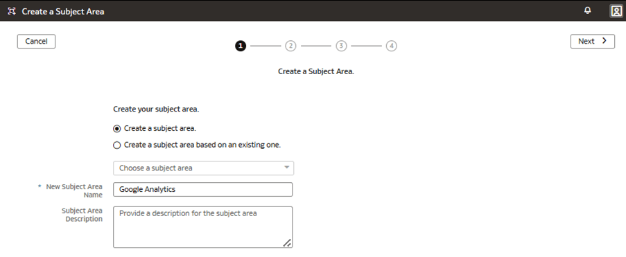 Step 1 of the wizard on the Create a Subject Area page Step 1 of the wizard on the Create a Subject Area page