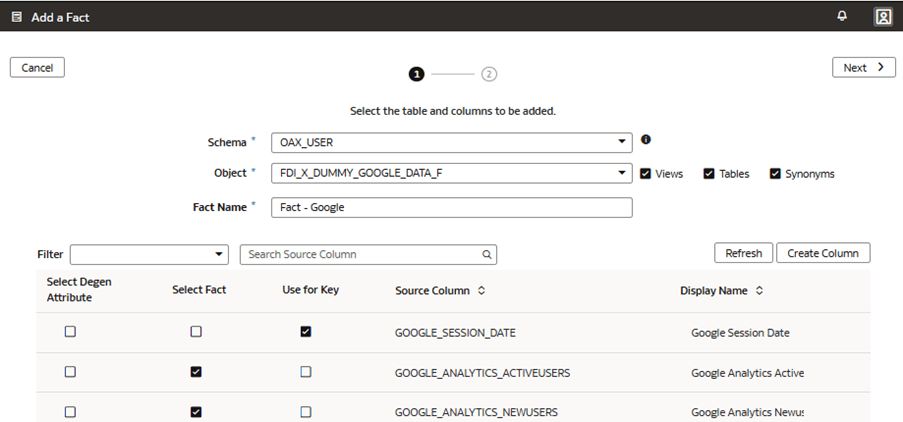 Step 1 of the wizard on the Add a Fact page Step 1 of the wizard on the Add a Fact page