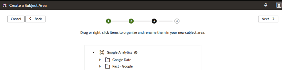 Step 3 of the wizard on the Create a Subject Area page displaying how to rename and reorder items Step 3 of the wizard on the Create a Subject Area page displaying how to rename and reorder items