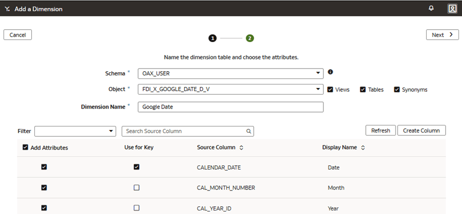 Step 1 of the wizard on the Add a Dimension page Step 1 of the wizard on the Add a Dimension page