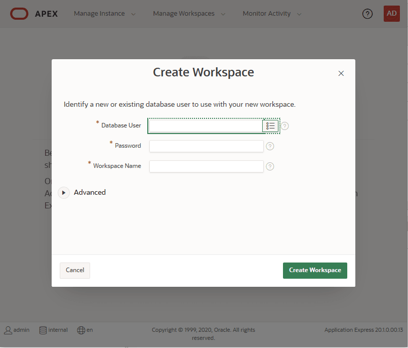 Description of adb_apex_create_workspace2.png follows Description of adb_apex_create_workspace2.png follows
