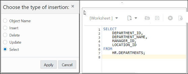 This image shows the SQL code that is generated for an object in the worksheet editor when the SELECT statement is selected.