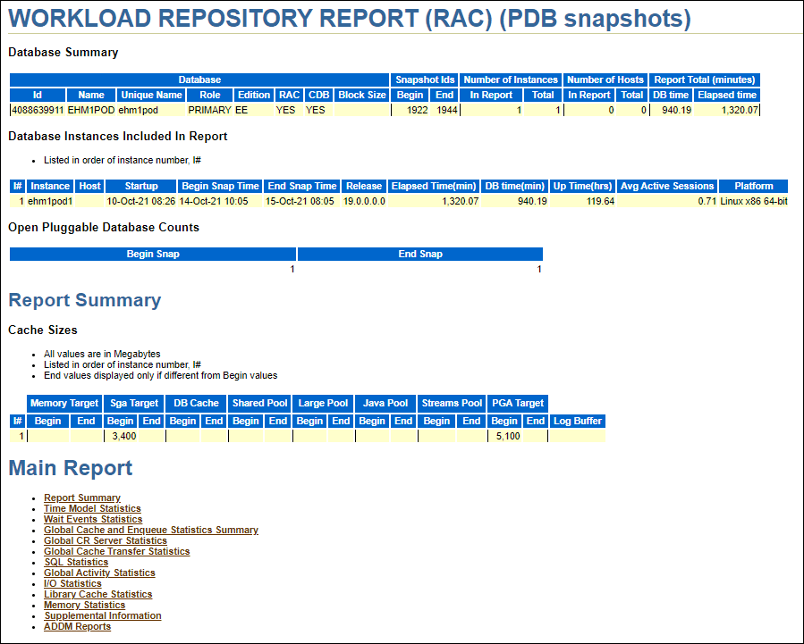 Graphic shows a generated AWR report. Graphic shows a generated AWR report.