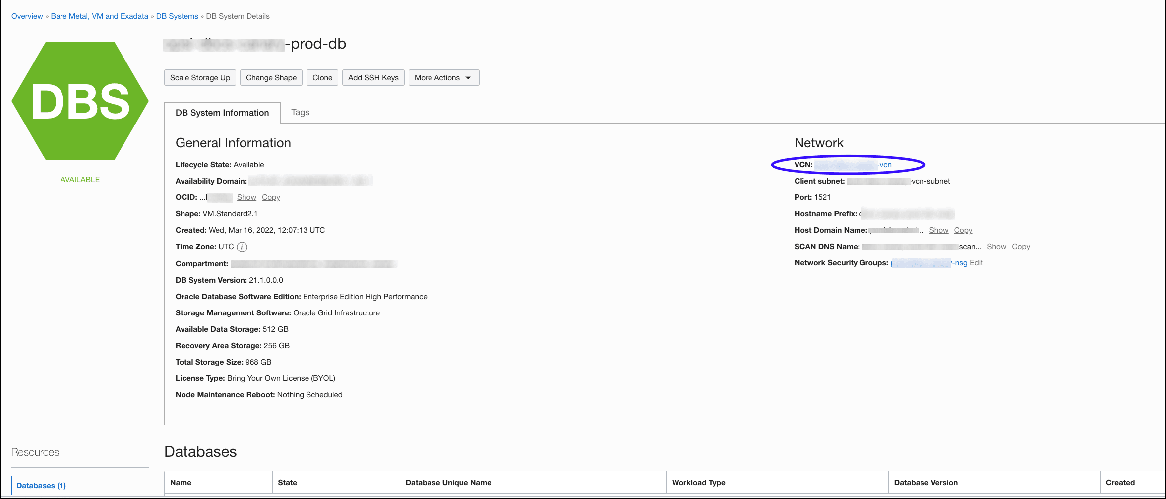 Graphic shows the DB details page. Graphic shows the DB details page.