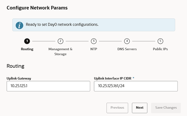 Figure showing the routing parameters page of the Network Configuration wizard.