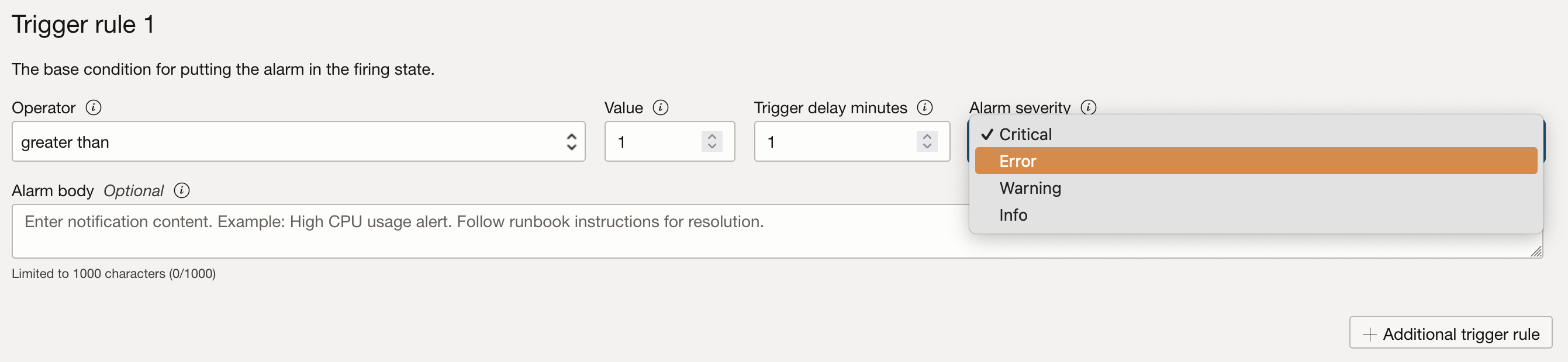 Select Alarm Severity while configuring Alarm