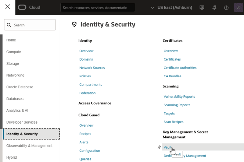 Description of vault-oci-console.png follows Description of vault-oci-console.png follows