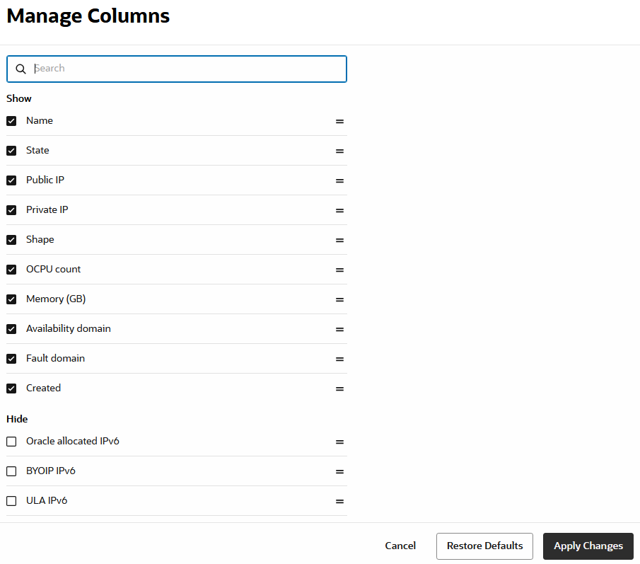 Click to expand Screenshot showing Manage Columns panel