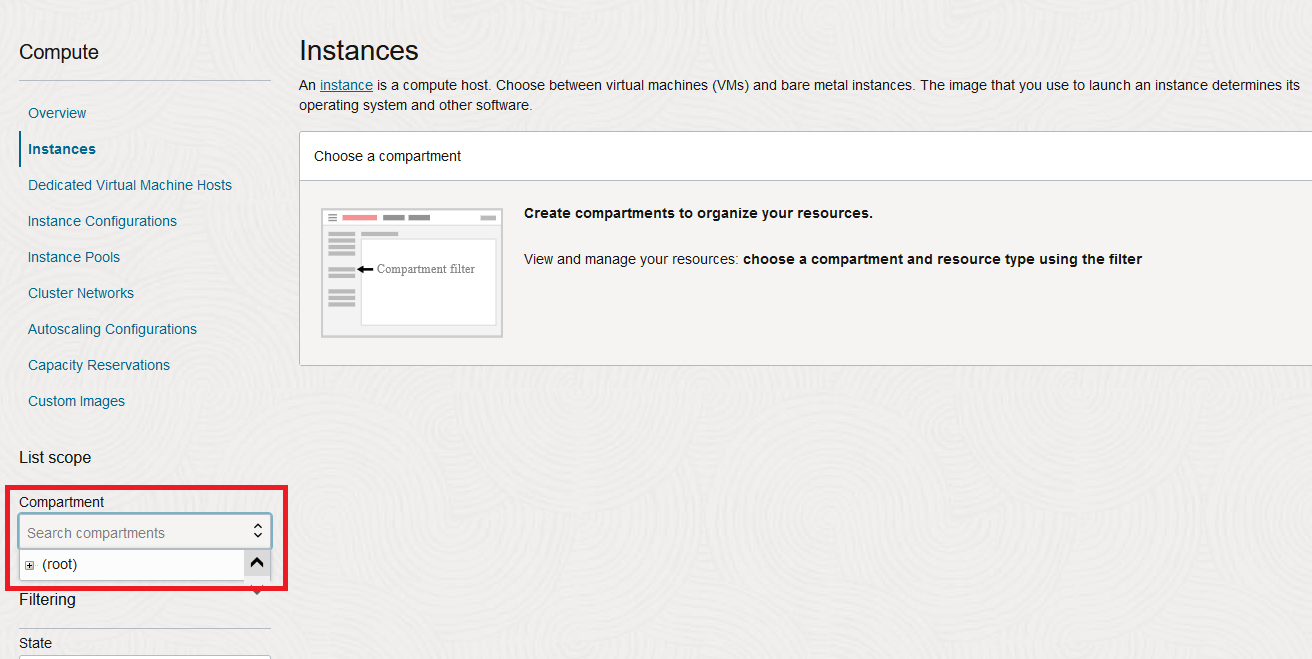 Click to expand Console showing the root compartment