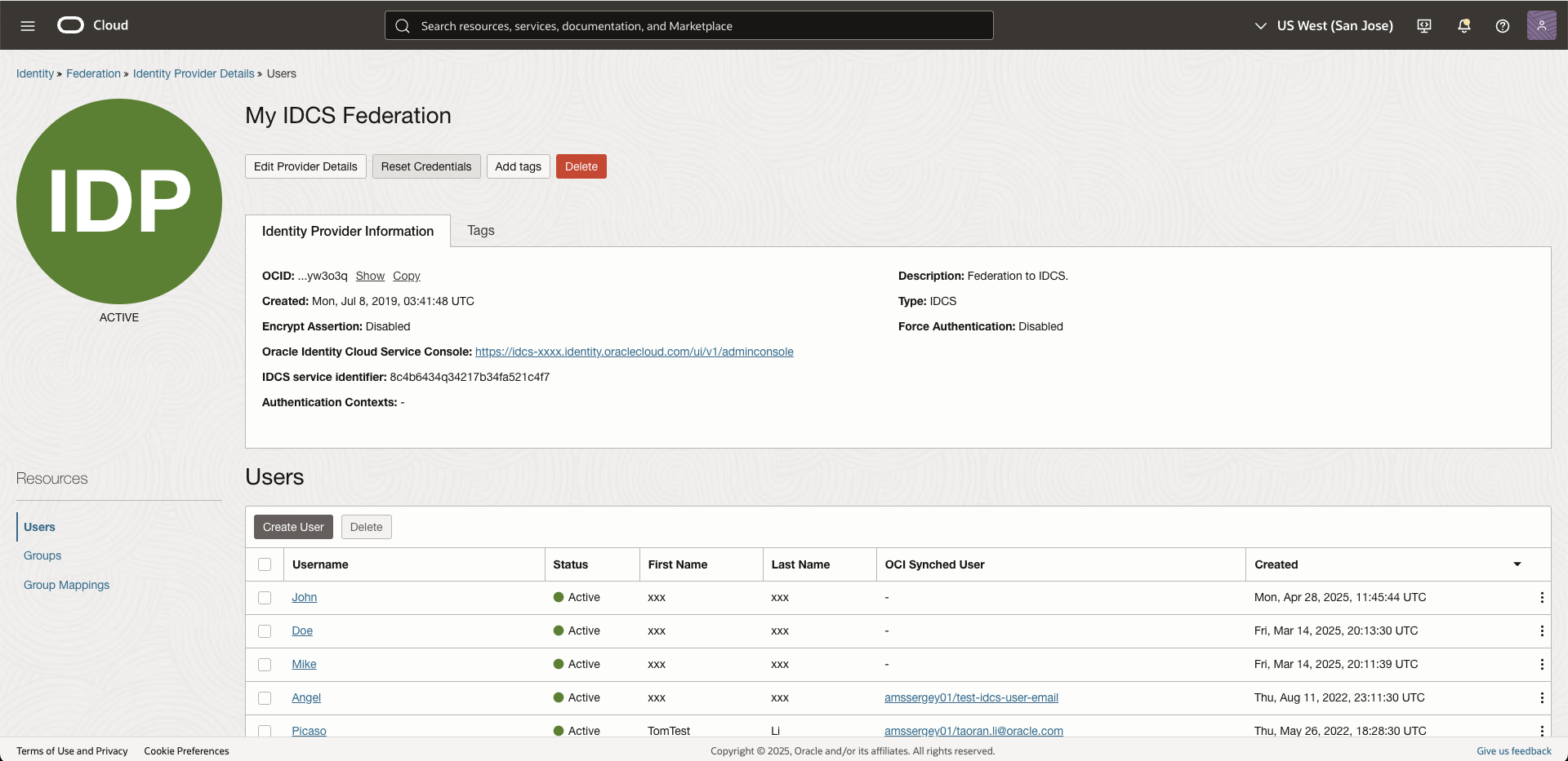 Click to expand Displays a screenshot of the My IDCS Federation that is used in IAM without Identity Domains.