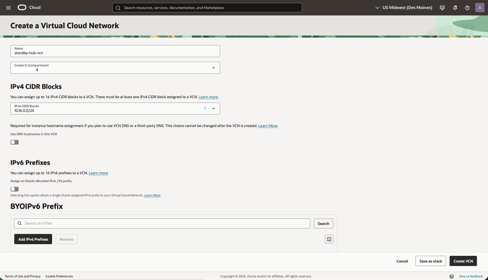 This screenshot shows how to configure the network in the standby region. This screenshot shows how to configure the network in the standby region.