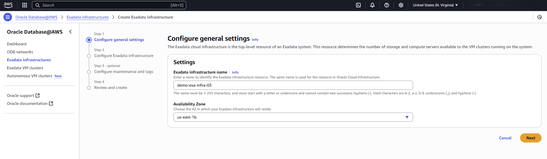 This screenshot shows the first part of creating an Exadata Infrastructure. This screenshot shows the first part of creating an Exadata Infrastructure.