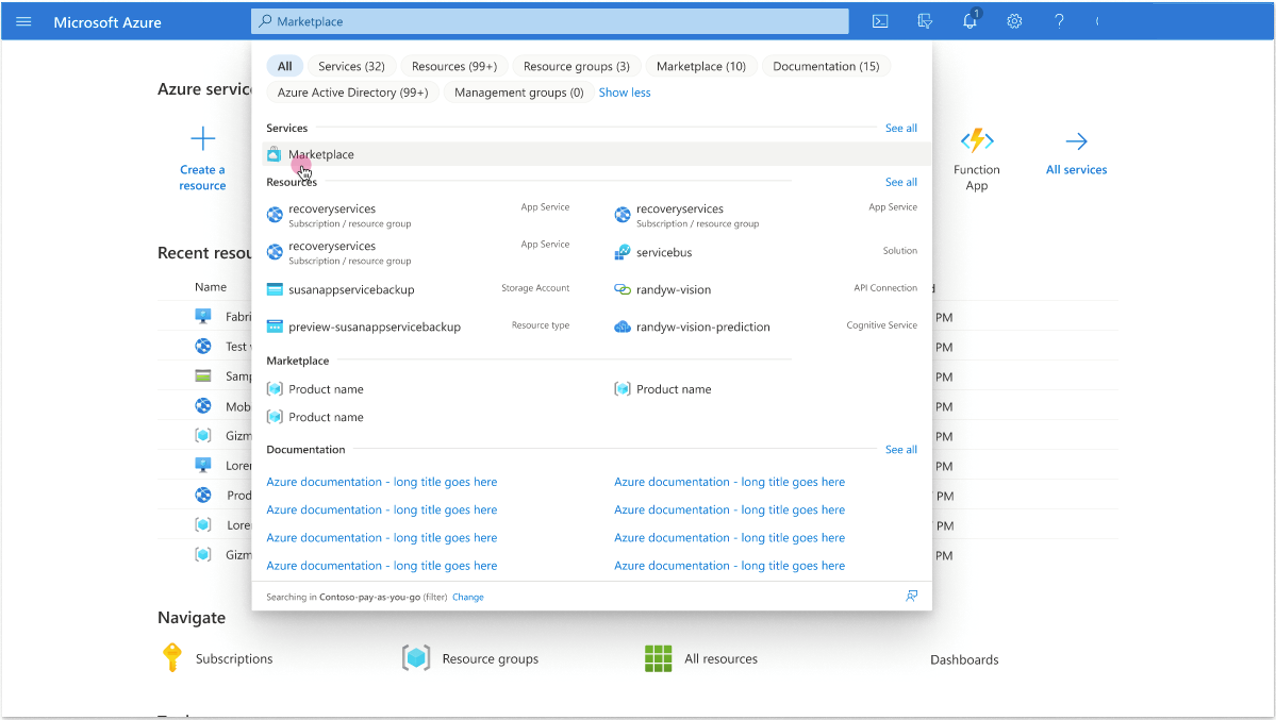 Click to expand An image of the Azure portal showing a user navigating to the Marketplace page by searching for "Marketplace".
