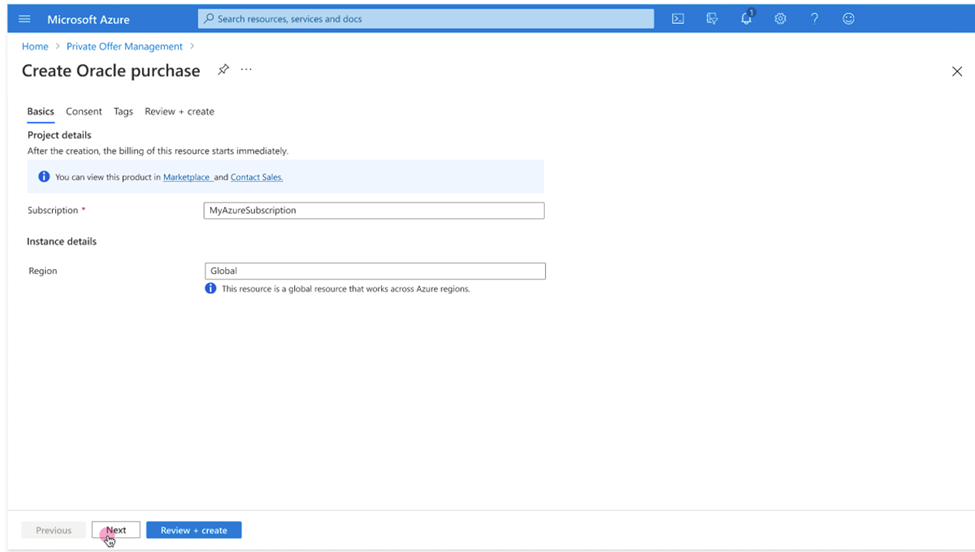 Click to expand An image of the Azure portal showing the first step of the create purchase work flow.