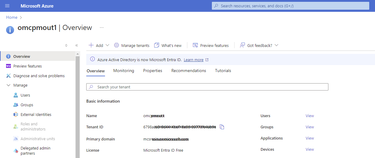 Click to expand An image of the Azure portal showing the Overview page for the EntraID service.