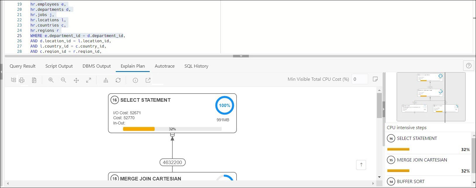 This image shows the Explain Plan graphical view in the lower pane of the SQL Worksheet. This image shows the Explain Plan graphical view in the lower pane of the SQL Worksheet.