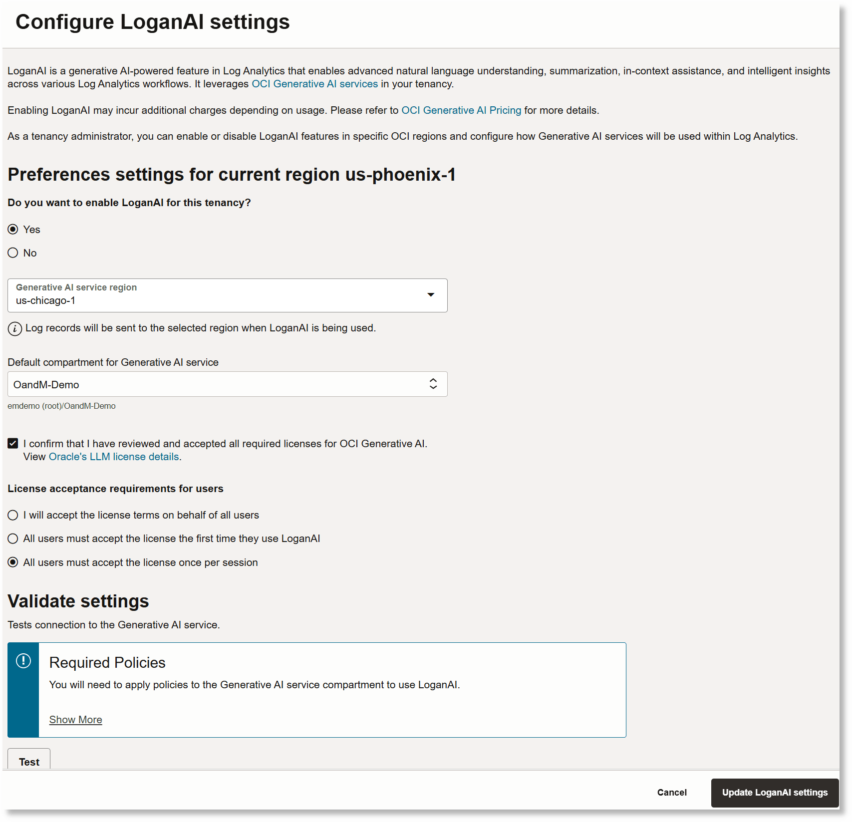 Configure LoganAI Settings dialog box Configure LoganAI Settings dialog box